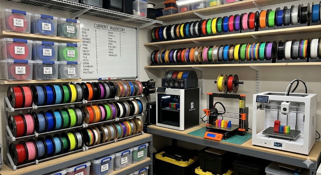 3D printing workshop with wall racks of multicolor filament spools, labeled storage bins, printers on a bench, and a current inventory whiteboard